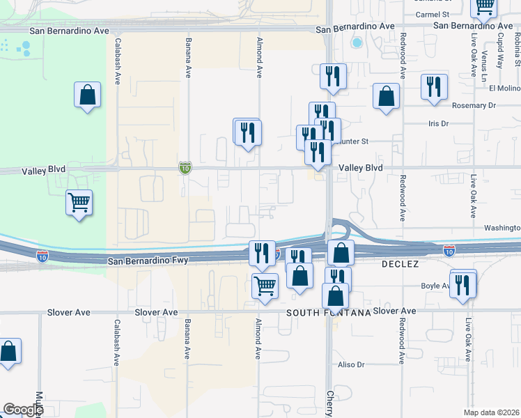 map of restaurants, bars, coffee shops, grocery stores, and more near 10217 Almond Avenue in Fontana