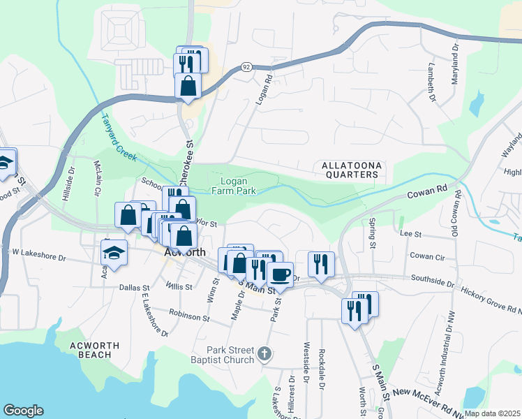 map of restaurants, bars, coffee shops, grocery stores, and more near 4343 Hill View Drive in Acworth