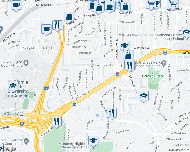 map of restaurants, bars, coffee shops, grocery stores, and more near 2204 Orange Grove Avenue in Alhambra