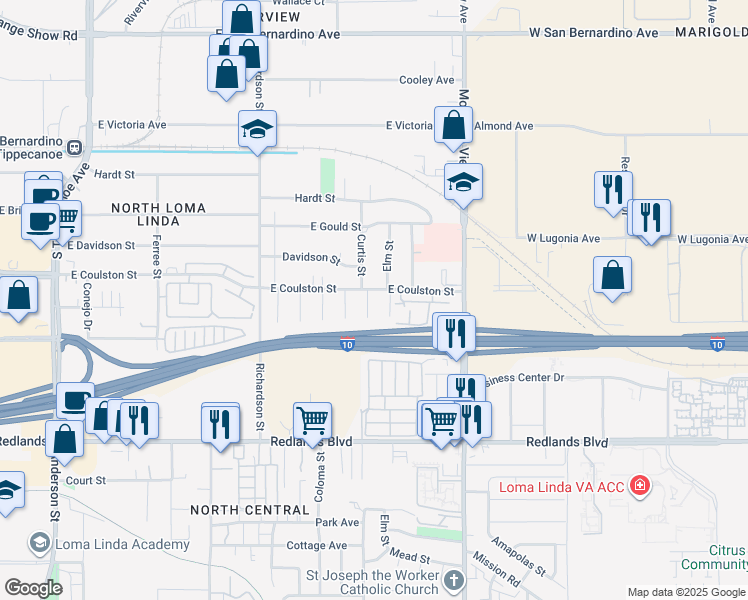 map of restaurants, bars, coffee shops, grocery stores, and more near 1841 Curtis Street in Loma Linda