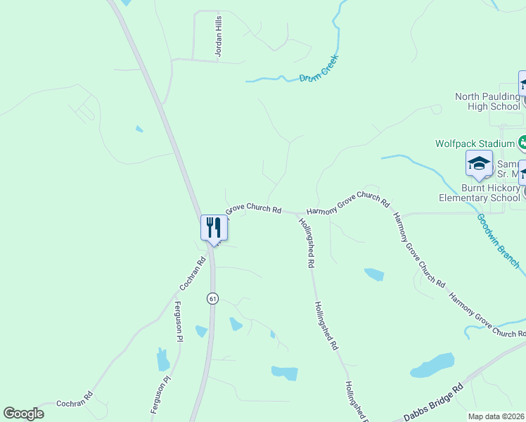 map of restaurants, bars, coffee shops, grocery stores, and more near 2550 Harmony Grove Church Road in Dallas