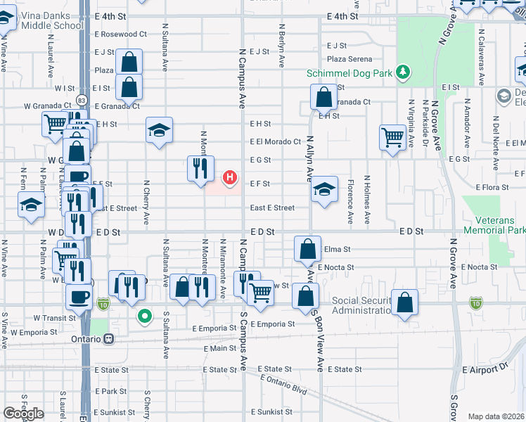map of restaurants, bars, coffee shops, grocery stores, and more near 724 East E Street in Ontario