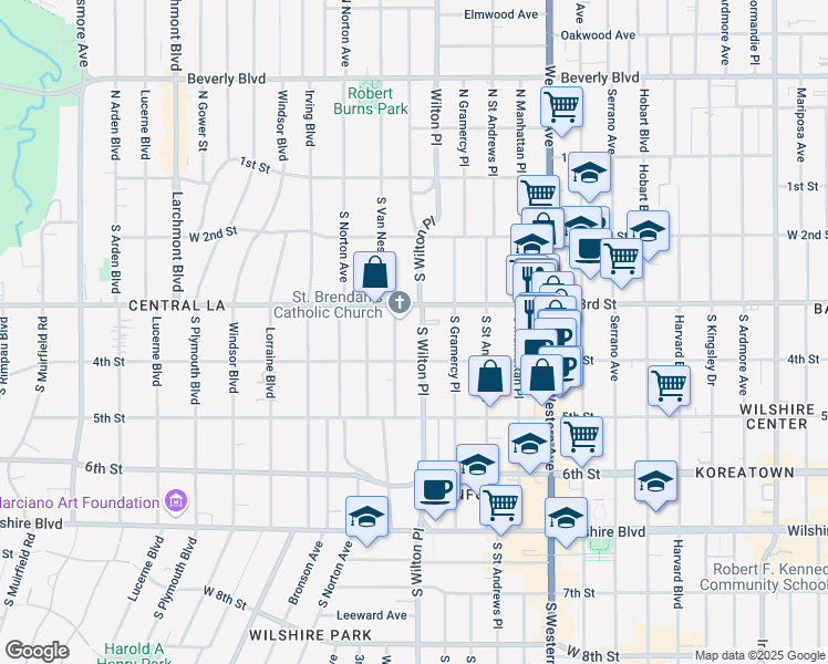 map of restaurants, bars, coffee shops, grocery stores, and more near 333 South Wilton Place in Los Angeles