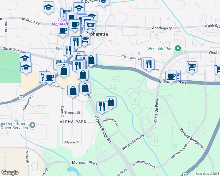 map of restaurants, bars, coffee shops, grocery stores, and more near 300 Nottaway Lane in Alpharetta