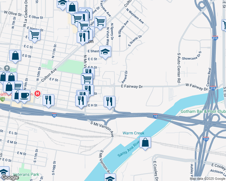 map of restaurants, bars, coffee shops, grocery stores, and more near 936 East Fairway Drive in Colton