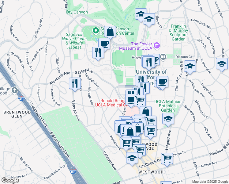 map of restaurants, bars, coffee shops, grocery stores, and more near 601 Gayley Avenue in Los Angeles