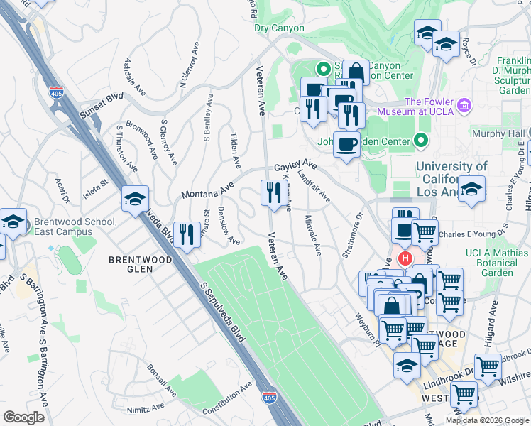 map of restaurants, bars, coffee shops, grocery stores, and more near 507 Veteran Avenue in Los Angeles