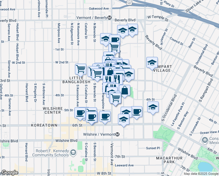 map of restaurants, bars, coffee shops, grocery stores, and more near 341 South Vermont Avenue in Los Angeles