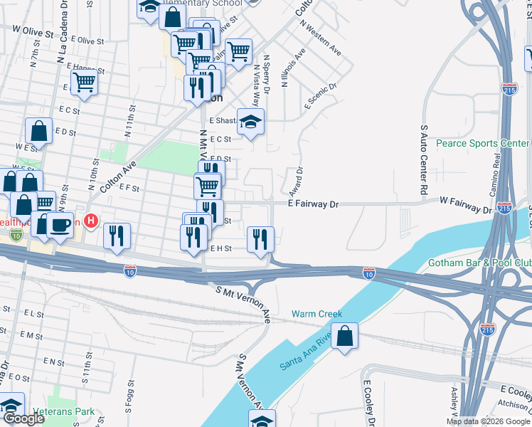 map of restaurants, bars, coffee shops, grocery stores, and more near 936 Fairway Avenue in Colton