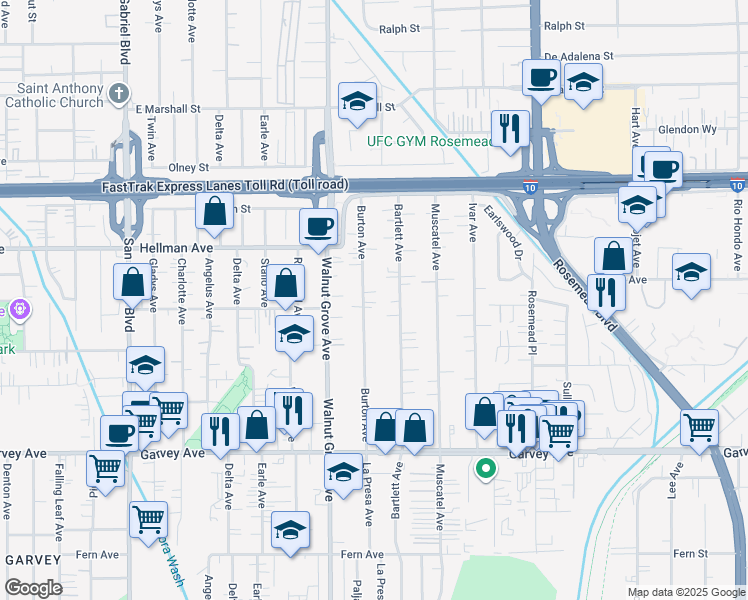 map of restaurants, bars, coffee shops, grocery stores, and more near 3308 Burton Avenue in Rosemead