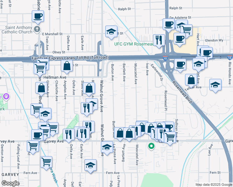 map of restaurants, bars, coffee shops, grocery stores, and more near 3308 Burton Avenue in Rosemead