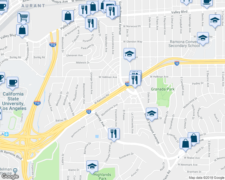 map of restaurants, bars, coffee shops, grocery stores, and more near 2203 La Paloma Avenue in Alhambra