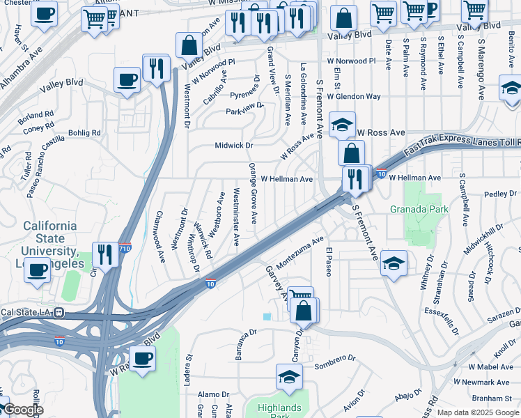 map of restaurants, bars, coffee shops, grocery stores, and more near 2205 Meridian Avenue in Alhambra
