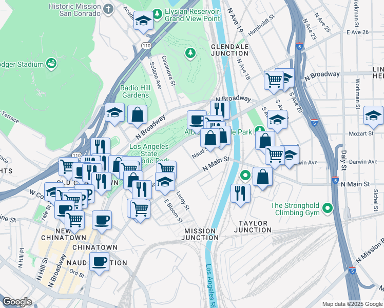 map of restaurants, bars, coffee shops, grocery stores, and more near 200 Mesnagers St in Los Angeles