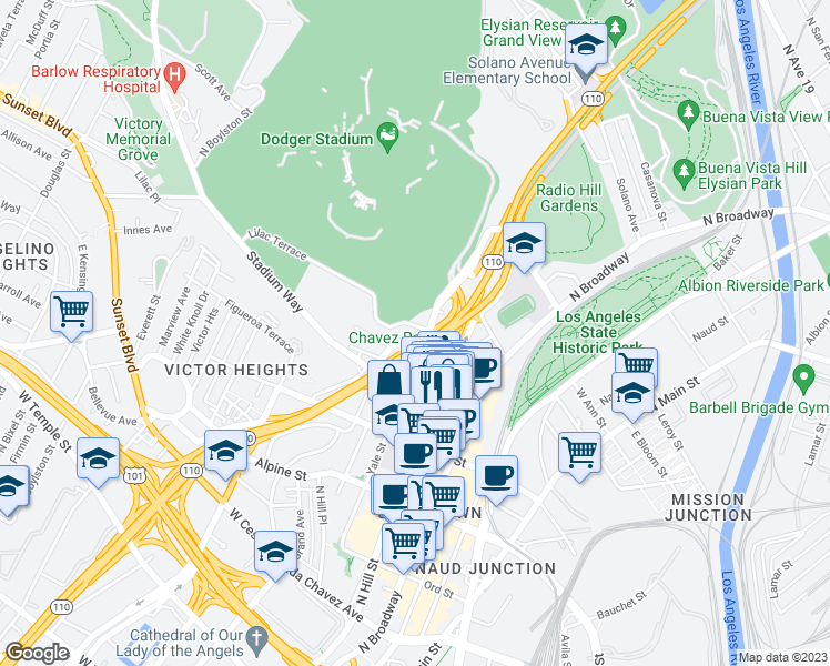 map of restaurants, bars, coffee shops, grocery stores, and more near in Los Angeles