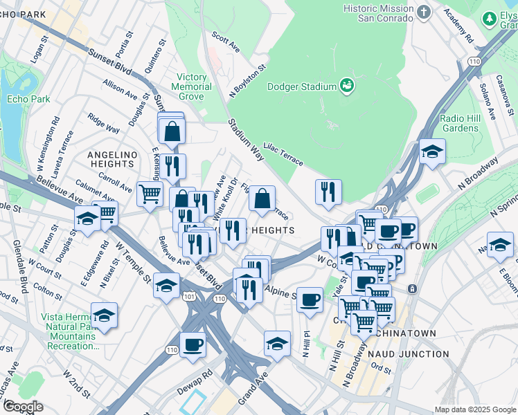 map of restaurants, bars, coffee shops, grocery stores, and more near 956 Centennial Street in Los Angeles