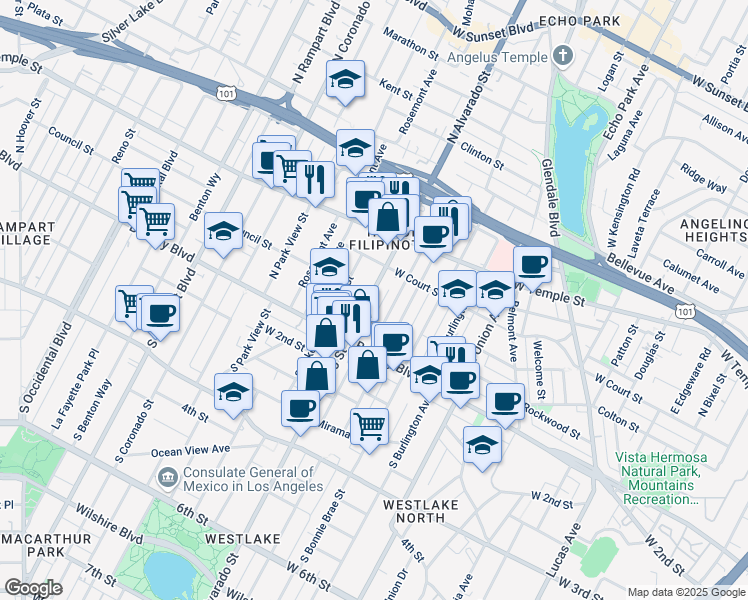 map of restaurants, bars, coffee shops, grocery stores, and more near 214 North Alvarado Street in Los Angeles