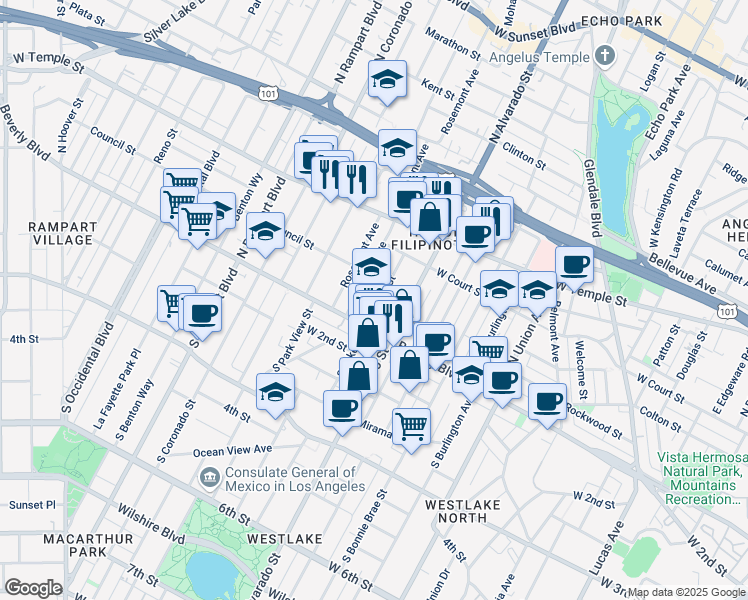 map of restaurants, bars, coffee shops, grocery stores, and more near 141 North Alvarado Street in Los Angeles