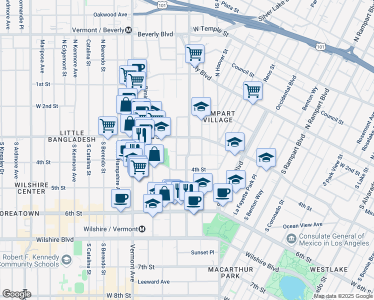 map of restaurants, bars, coffee shops, grocery stores, and more near 333 South Virgil Avenue in Los Angeles