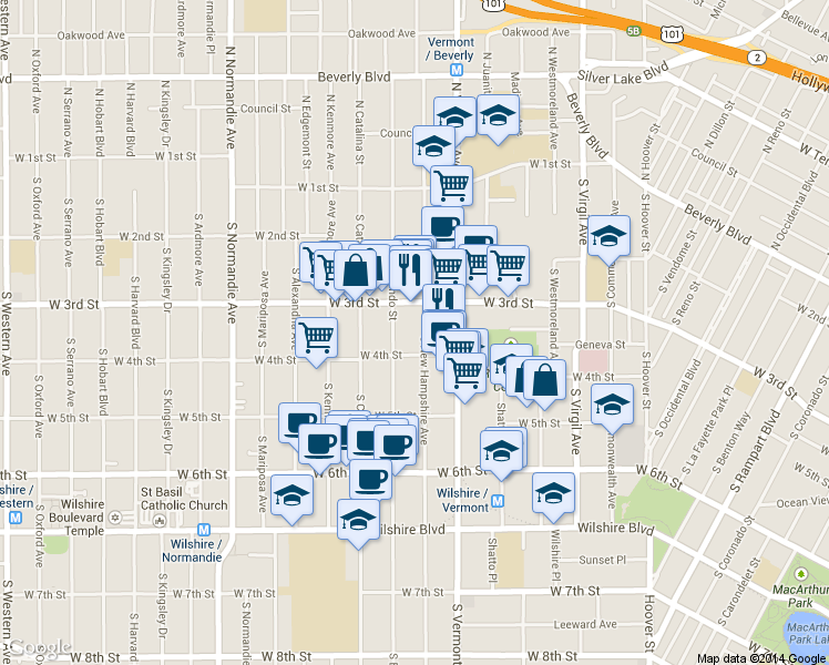 map of restaurants, bars, coffee shops, grocery stores, and more near 330 South New Hampshire Avenue in Los Angeles