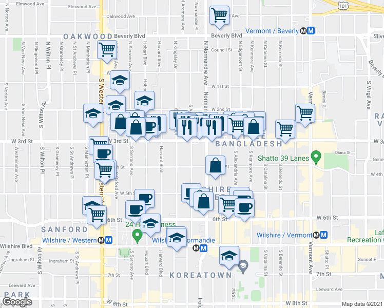 map of restaurants, bars, coffee shops, grocery stores, and more near 331 South Ardmore Avenue in Los Angeles