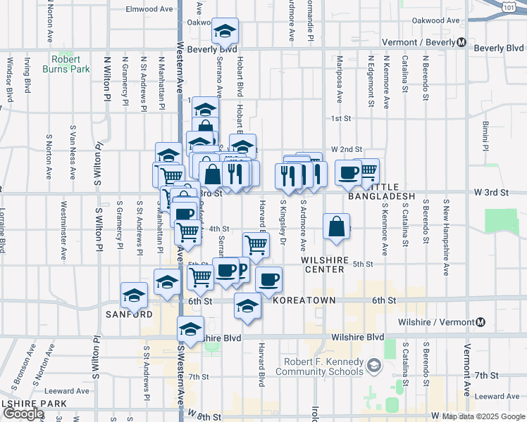 map of restaurants, bars, coffee shops, grocery stores, and more near 339 South Kingsley Drive in Los Angeles