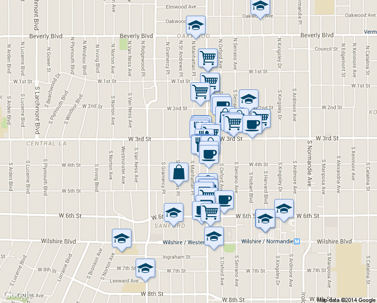 map of restaurants, bars, coffee shops, grocery stores, and more near 333 South Manhattan Place in Los Angeles