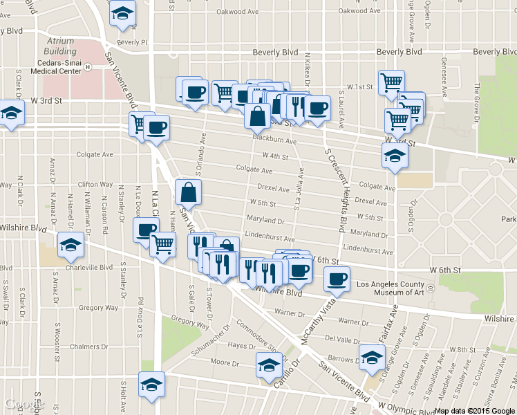 map of restaurants, bars, coffee shops, grocery stores, and more near 6450 West 5th Street in Los Angeles
