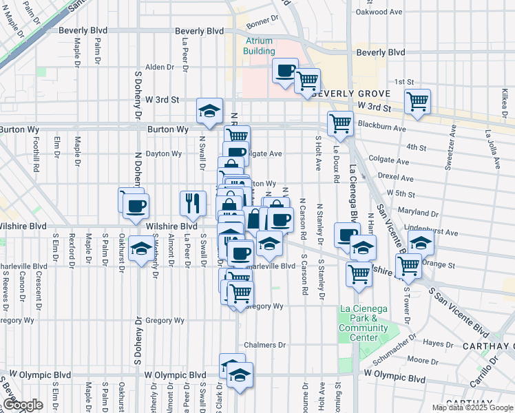 map of restaurants, bars, coffee shops, grocery stores, and more near 151 North Arnaz Drive in Beverly Hills
