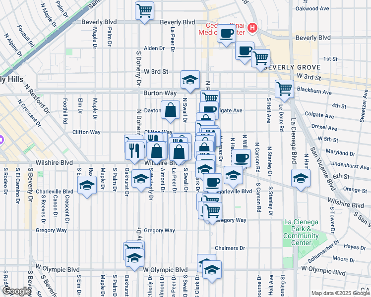 map of restaurants, bars, coffee shops, grocery stores, and more near 133 North Swall Drive in Beverly Hills