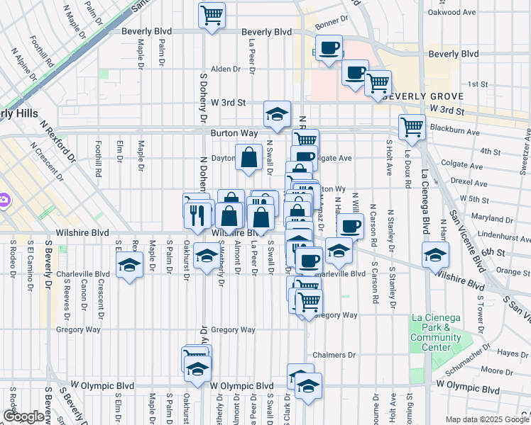 map of restaurants, bars, coffee shops, grocery stores, and more near 133 North Swall Drive in Beverly Hills