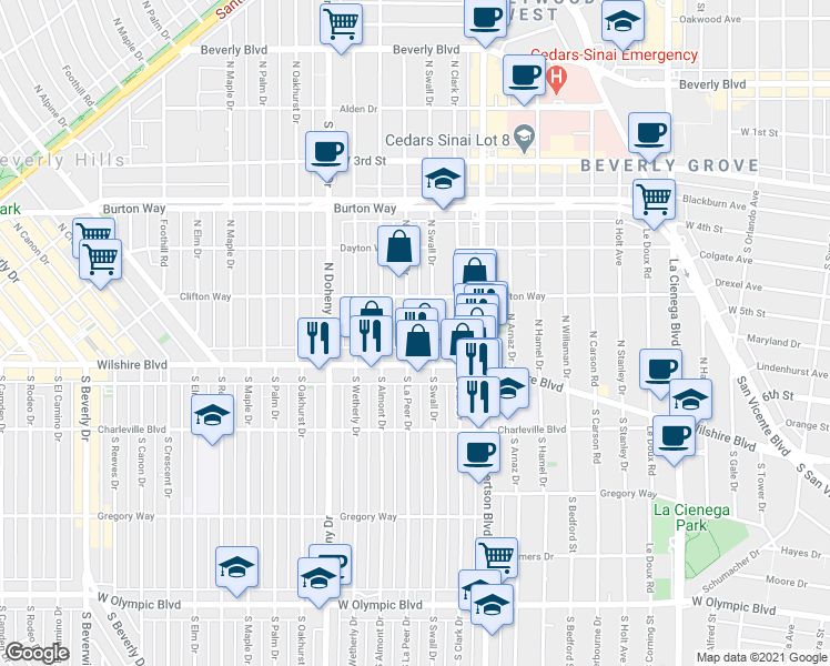 map of restaurants, bars, coffee shops, grocery stores, and more near 133 North Swall Drive in Beverly Hills