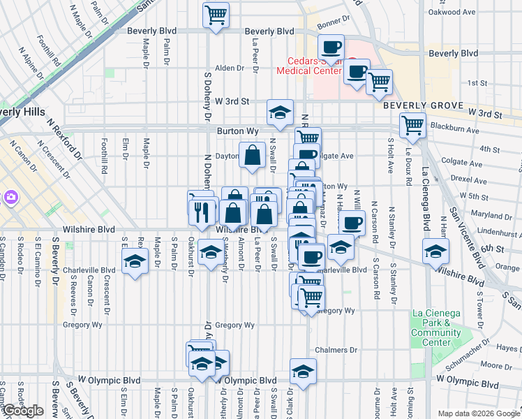 map of restaurants, bars, coffee shops, grocery stores, and more near 133 North Swall Drive in Beverly Hills