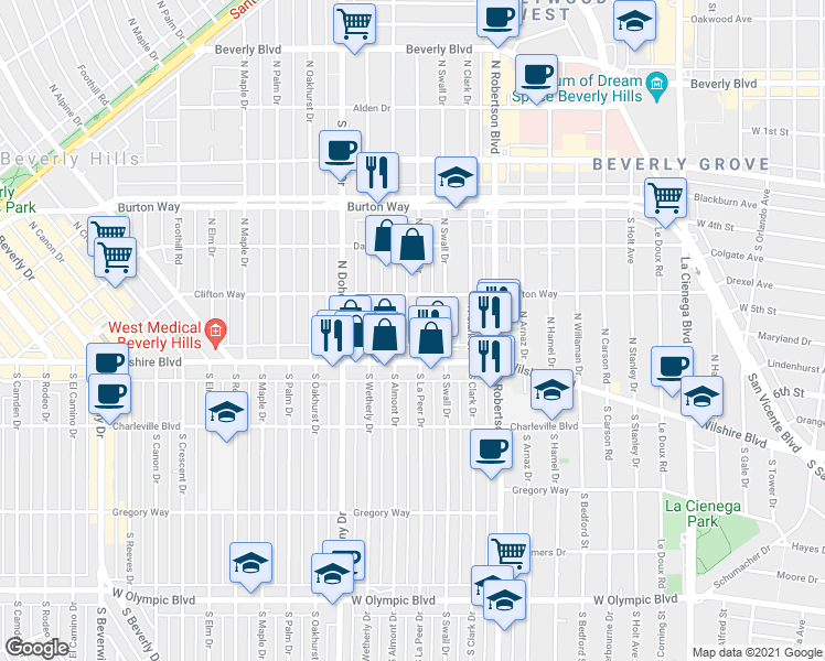 map of restaurants, bars, coffee shops, grocery stores, and more near 126 North Almont Drive in Beverly Hills