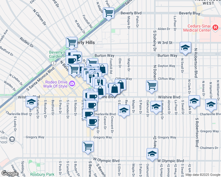 map of restaurants, bars, coffee shops, grocery stores, and more near 147 North Crescent Drive in Beverly Hills