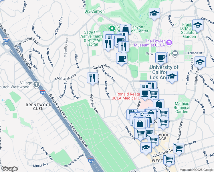 map of restaurants, bars, coffee shops, grocery stores, and more near 11002 Ophir Drive in Los Angeles