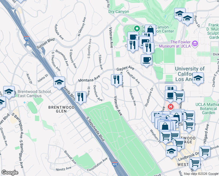 map of restaurants, bars, coffee shops, grocery stores, and more near 513 Veteran Avenue in Los Angeles