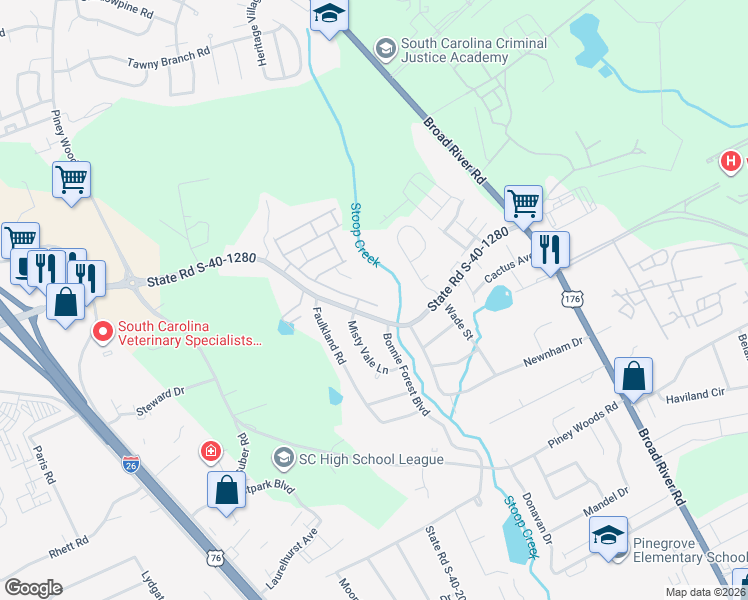 map of restaurants, bars, coffee shops, grocery stores, and more near 180 Springhaven Drive in Columbia