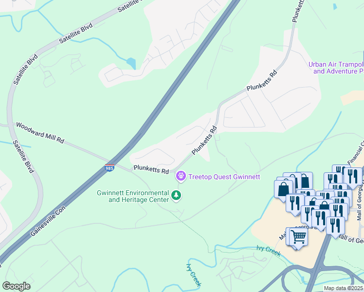 map of restaurants, bars, coffee shops, grocery stores, and more near 1307 Clarecastle Lane in Buford