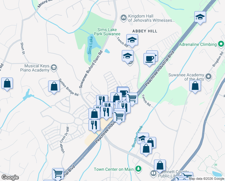 map of restaurants, bars, coffee shops, grocery stores, and more near 324 Barbados Lane in Suwanee