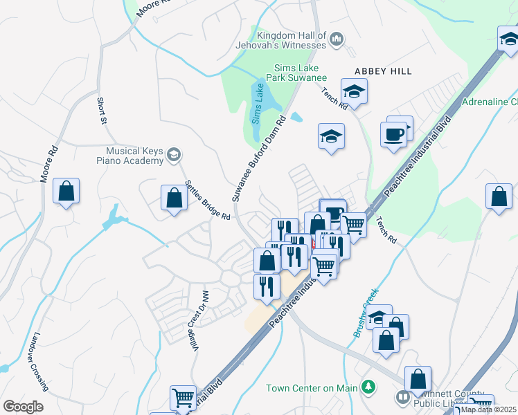 map of restaurants, bars, coffee shops, grocery stores, and more near 4411 Suwanee Dam Road in Suwanee