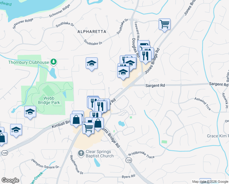 map of restaurants, bars, coffee shops, grocery stores, and more near 5231 Wellsley Bend in Alpharetta