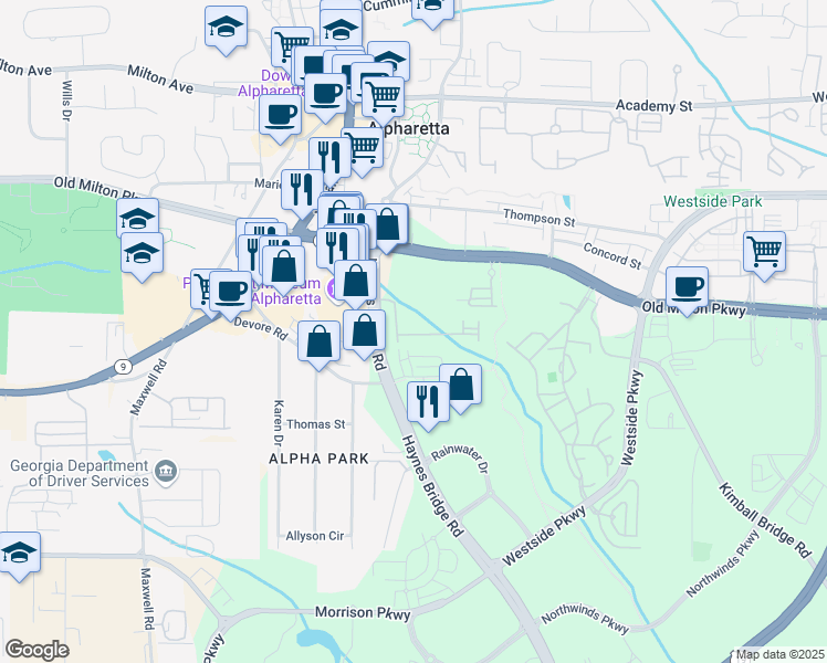 map of restaurants, bars, coffee shops, grocery stores, and more near 300 Nottaway Lane in Alpharetta