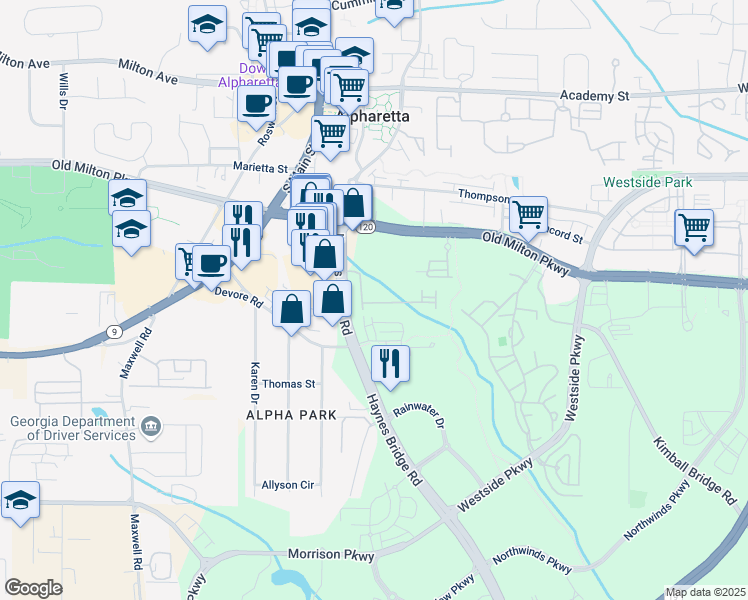 map of restaurants, bars, coffee shops, grocery stores, and more near 306 Nottaway Lane in Alpharetta