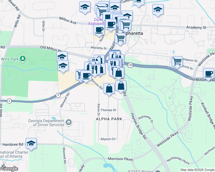 map of restaurants, bars, coffee shops, grocery stores, and more near 453 Burton Drive in Alpharetta