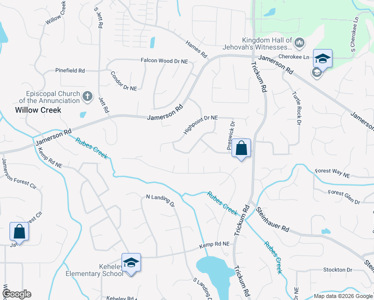 map of restaurants, bars, coffee shops, grocery stores, and more near 4801 Woodspring Drive Northeast in Marietta