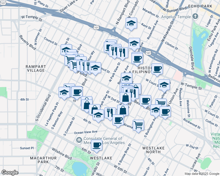 map of restaurants, bars, coffee shops, grocery stores, and more near 2329 Beverly Boulevard in Los Angeles
