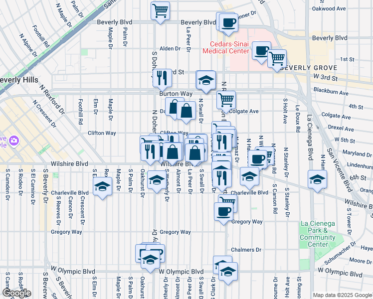 map of restaurants, bars, coffee shops, grocery stores, and more near 135 North La Peer Drive in Beverly Hills