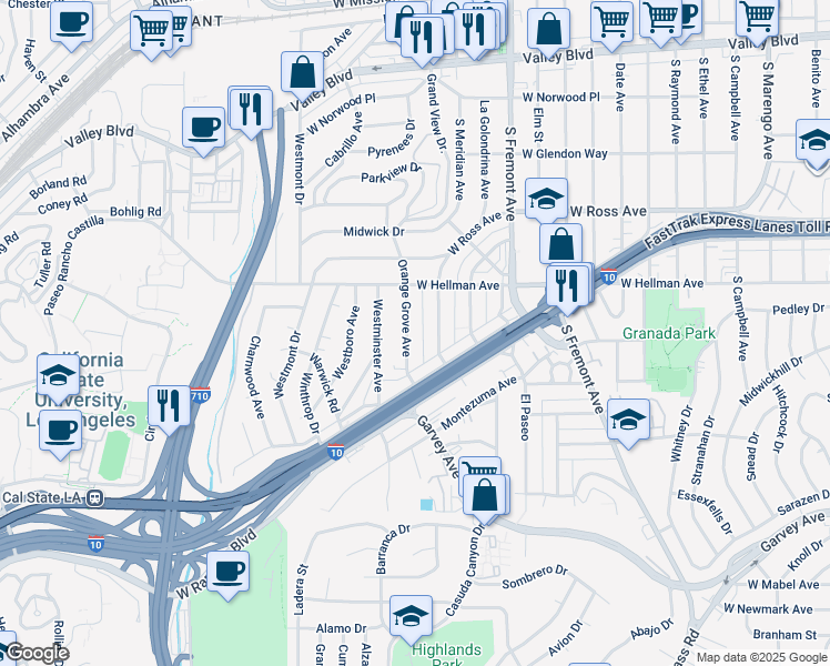 map of restaurants, bars, coffee shops, grocery stores, and more near 2204 Orange Grove Avenue in Alhambra