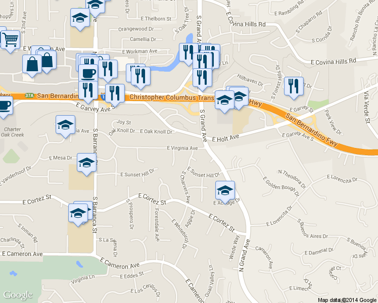 map of restaurants, bars, coffee shops, grocery stores, and more near 3314 East Virginia Avenue in West Covina